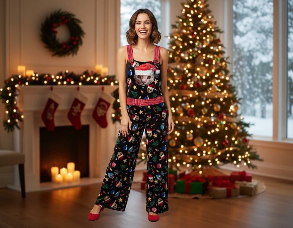 Love On A Hanger Christmas Cat Overalls Womens S Velour Holiday Jumpsuit
